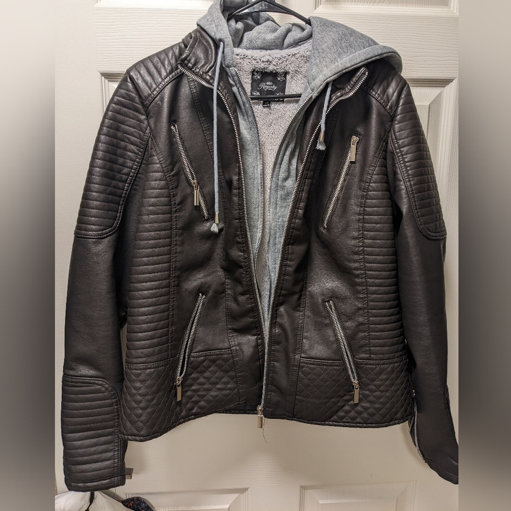 Brown leather jacket with zipin hoodie liner (removable; L)